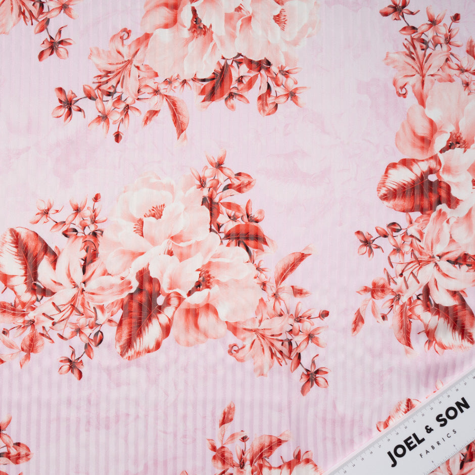 Red Floral Printed Pink Pure Silk Striped Chiffon