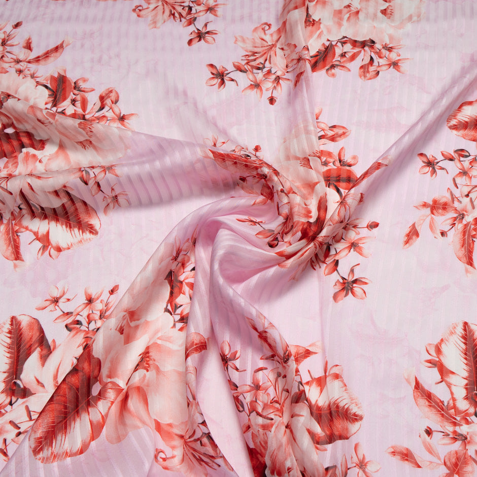 Red Floral Printed Pink Pure Silk Striped Chiffon