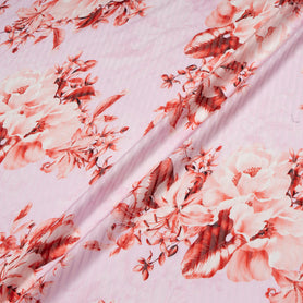 Red Floral Printed Pink Pure Silk Striped Chiffon