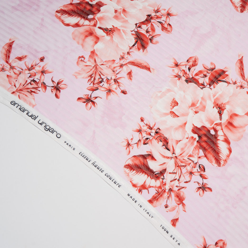 Red Floral Printed Pink Pure Silk Striped Chiffon
