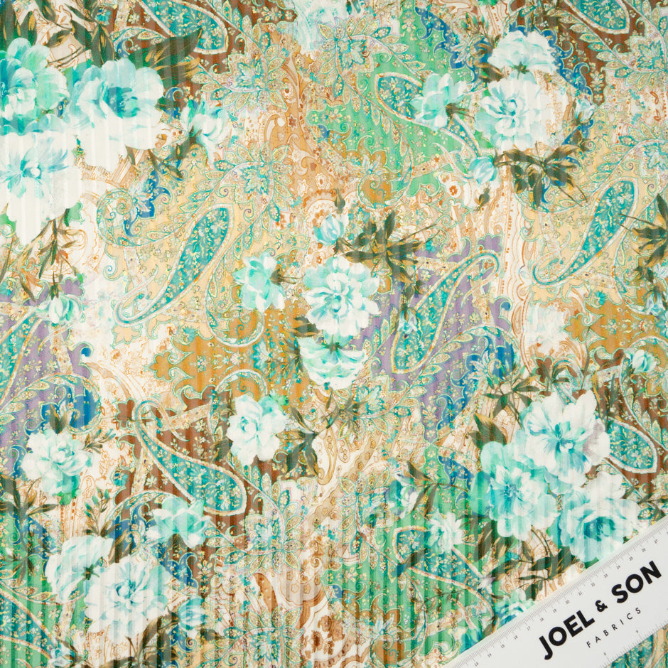 Turquoise & Green Paisley Pure Silk Striped Chiffon