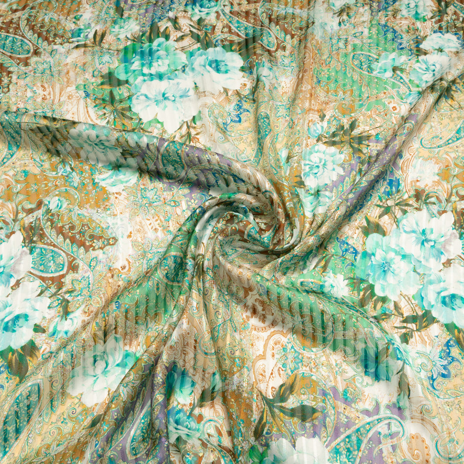 Turquoise & Green Paisley Pure Silk Striped Chiffon