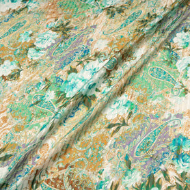 Turquoise & Green Paisley Pure Silk Striped Chiffon