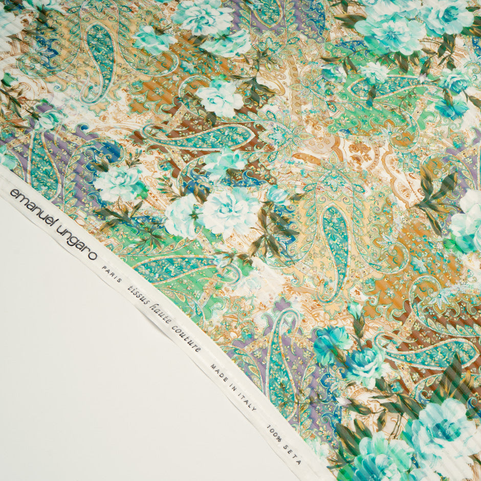 Turquoise & Green Paisley Pure Silk Striped Chiffon