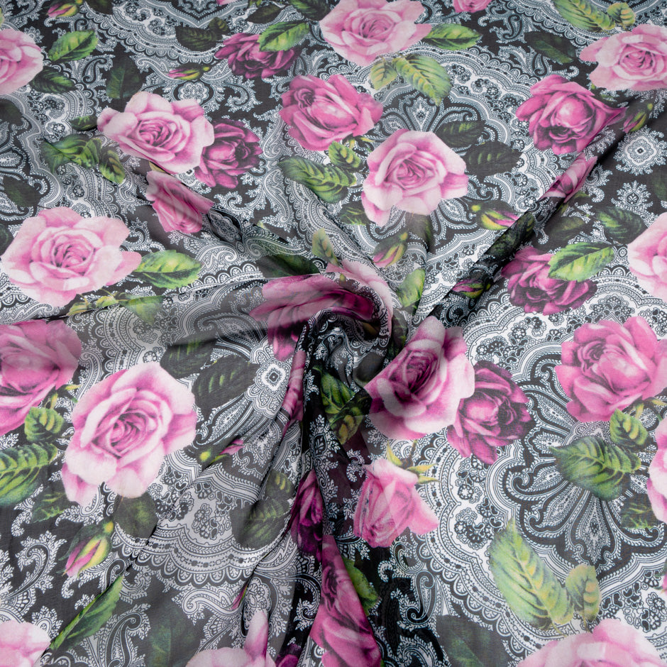 Pink Rose Printed Pure Silk Chiffon