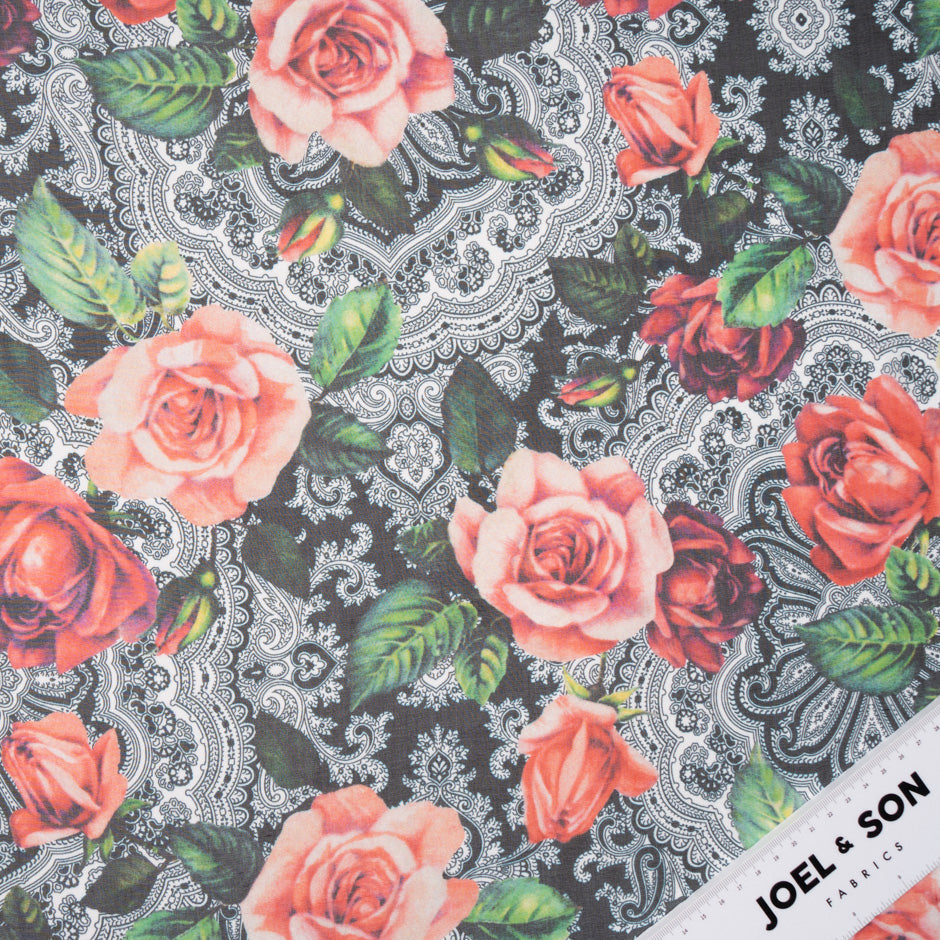 Red Rose Printed Pure Silk Chiffon