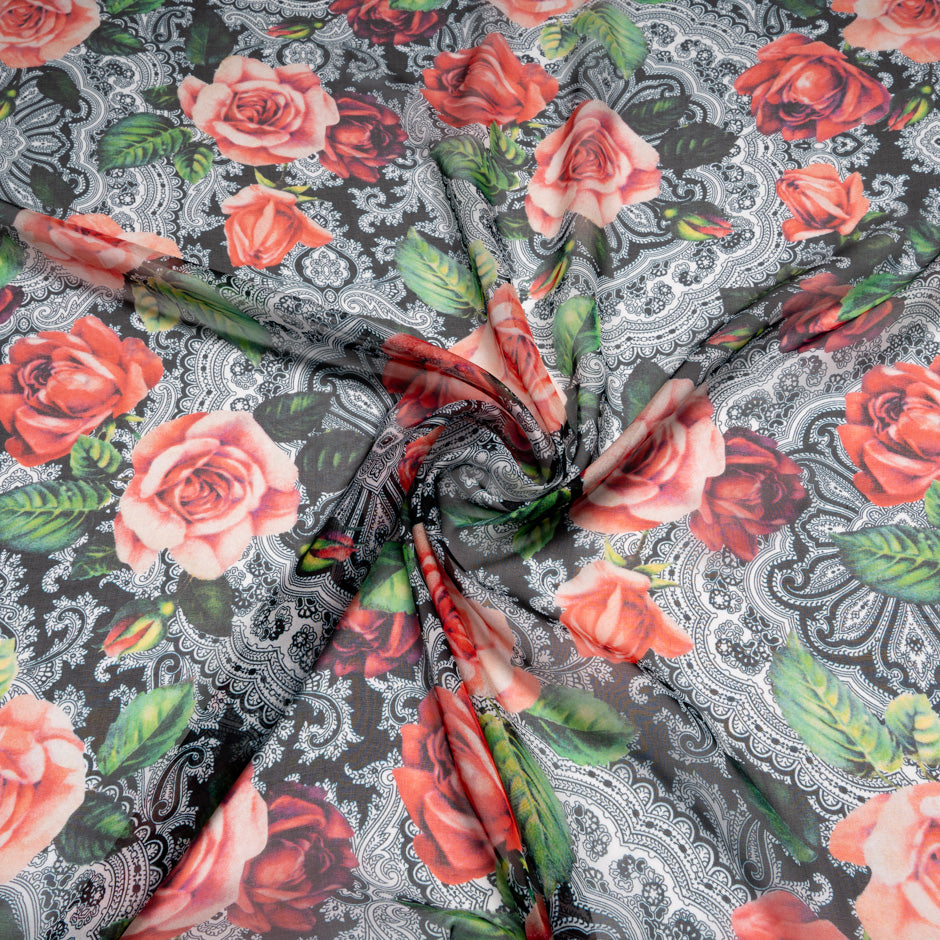 Red Rose Printed Pure Silk Chiffon