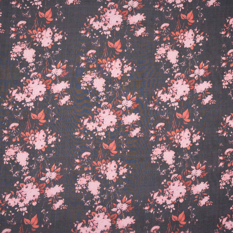 Pink Floral Printed Black Pure Silk Chiffon