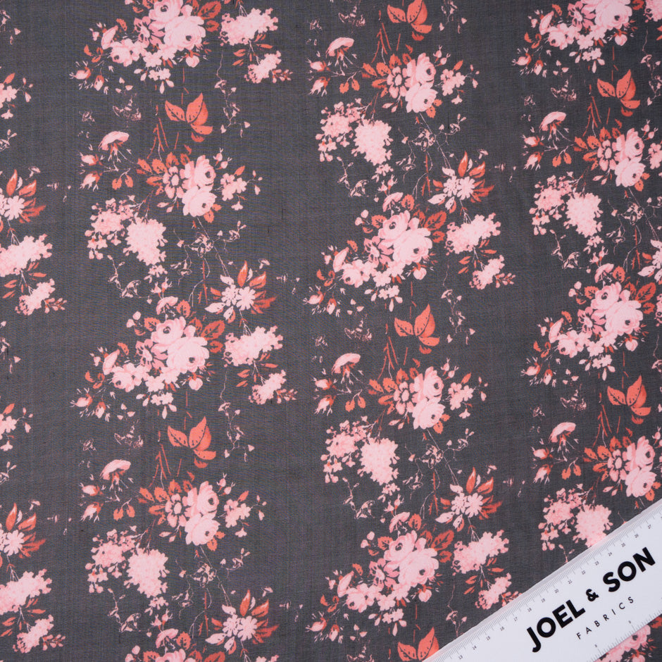 Pink Floral Printed Black Pure Silk Chiffon