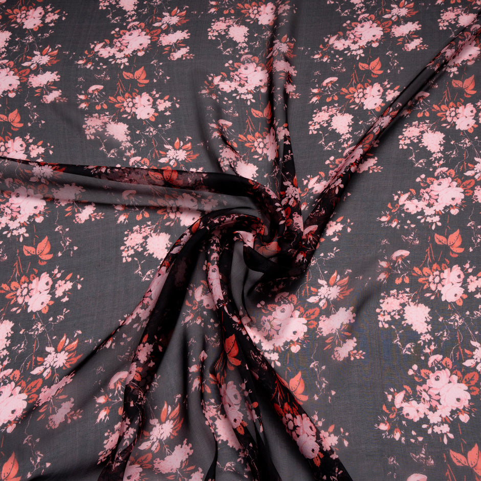 Pink Floral Printed Black Pure Silk Chiffon