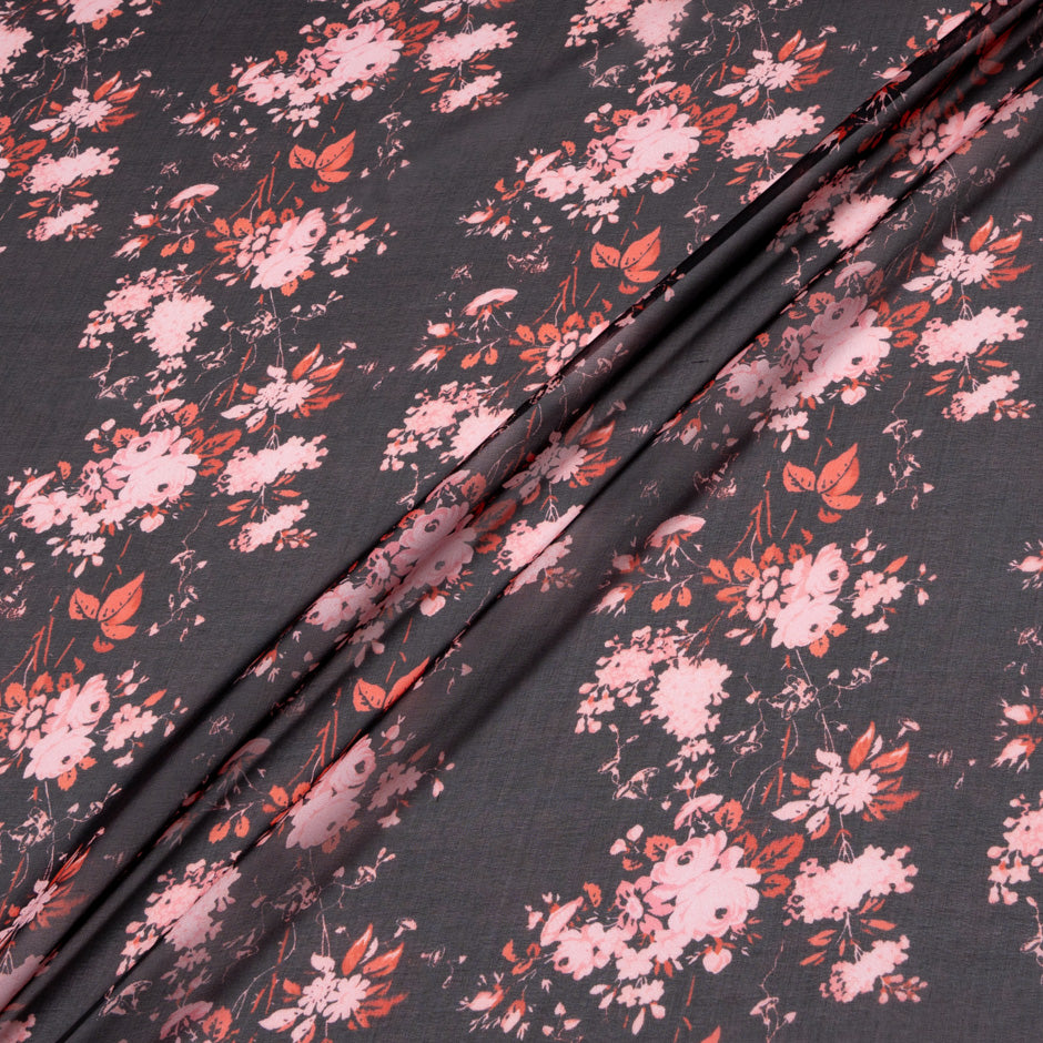 Pink Floral Printed Black Pure Silk Chiffon