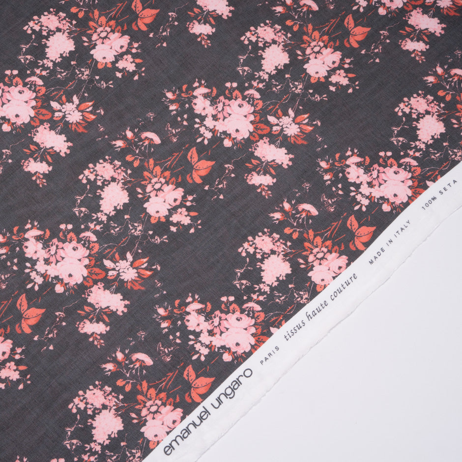 Pink Floral Printed Black Pure Silk Chiffon