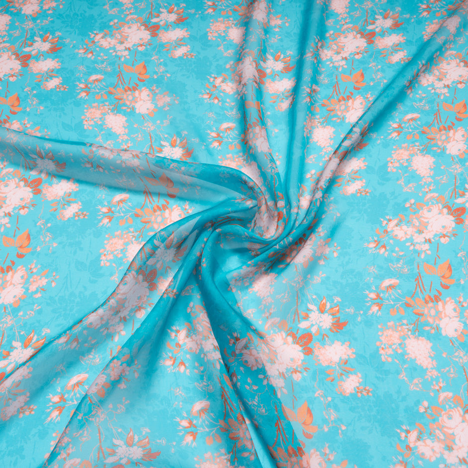 Floral Printed Turquoise Pure Silk Chiffon