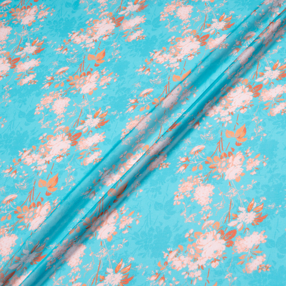 Floral Printed Turquoise Pure Silk Chiffon