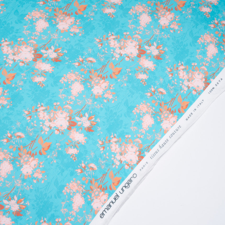Floral Printed Turquoise Pure Silk Chiffon