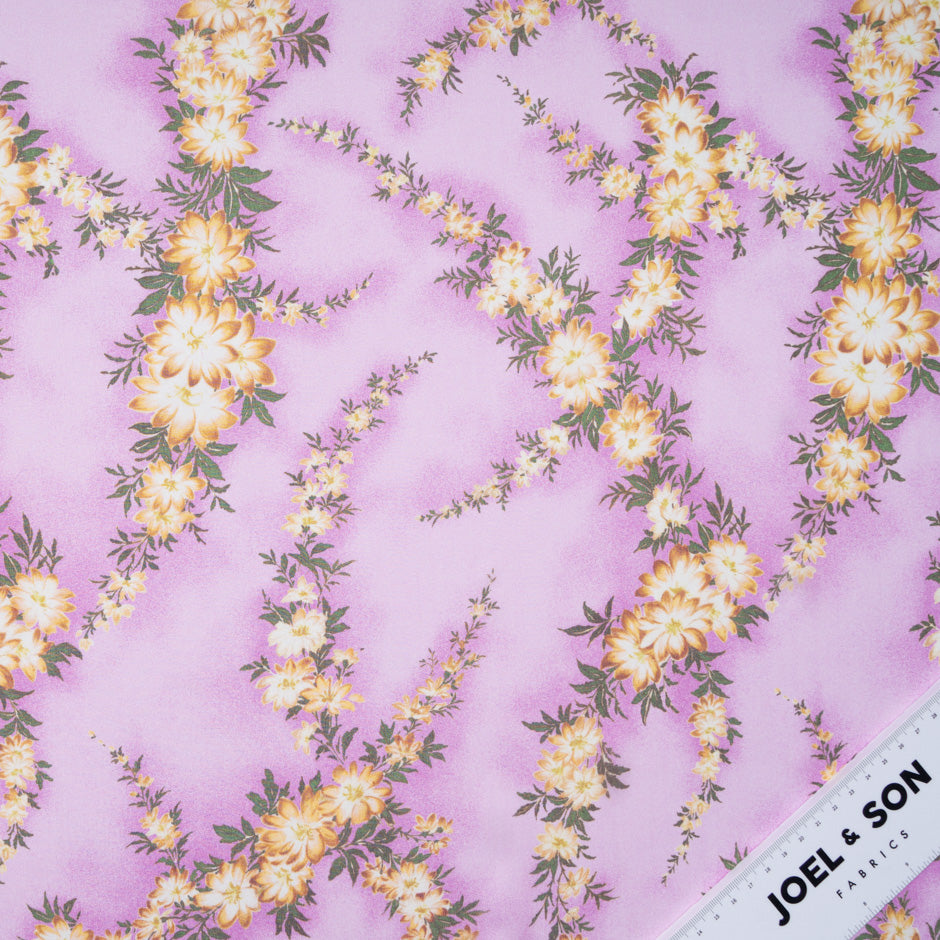 Yellow Floral Printed Pink Pure Silk Chiffon