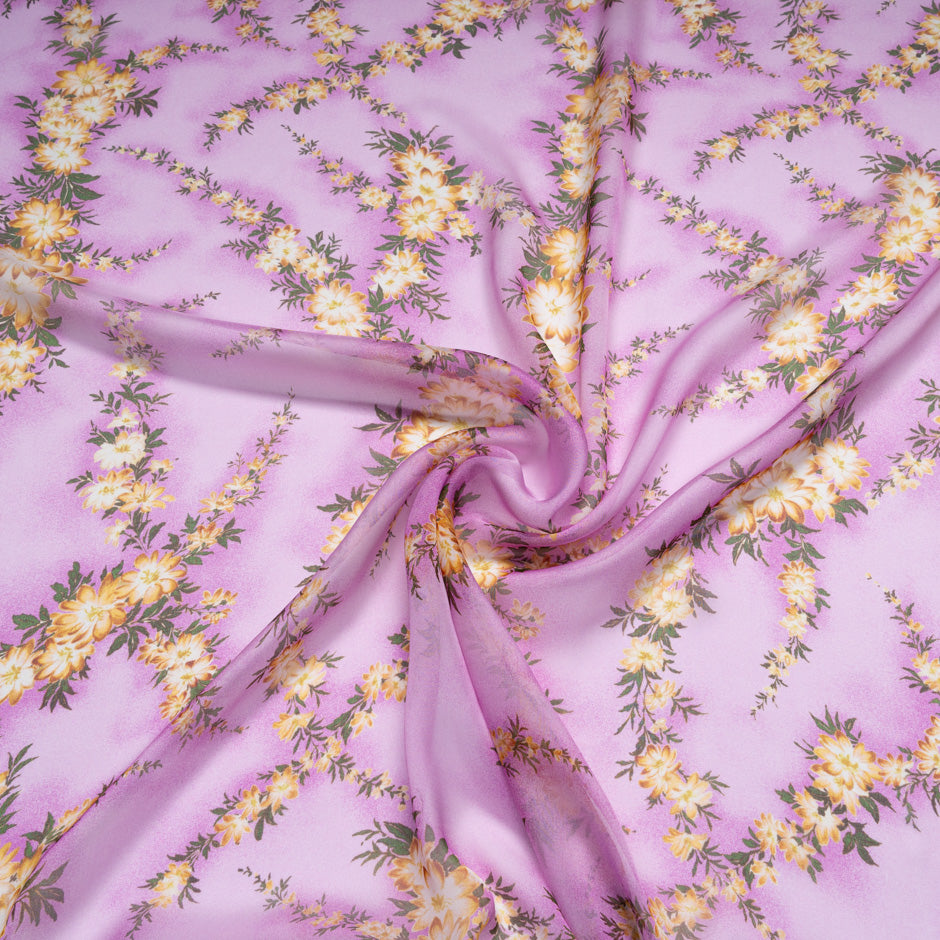 Yellow Floral Printed Pink Pure Silk Chiffon