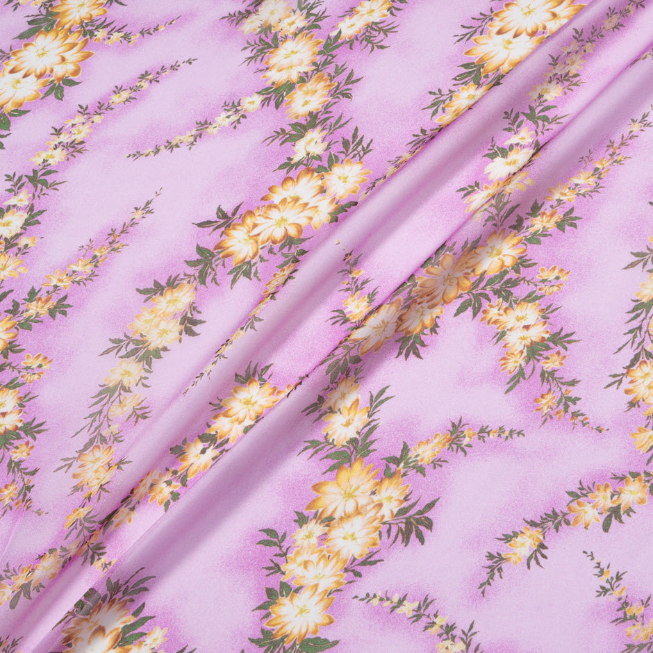 Yellow Floral Printed Pink Pure Silk Chiffon