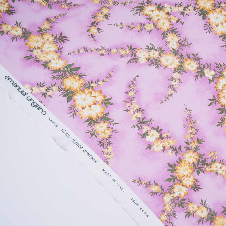 Yellow Floral Printed Pink Pure Silk Chiffon