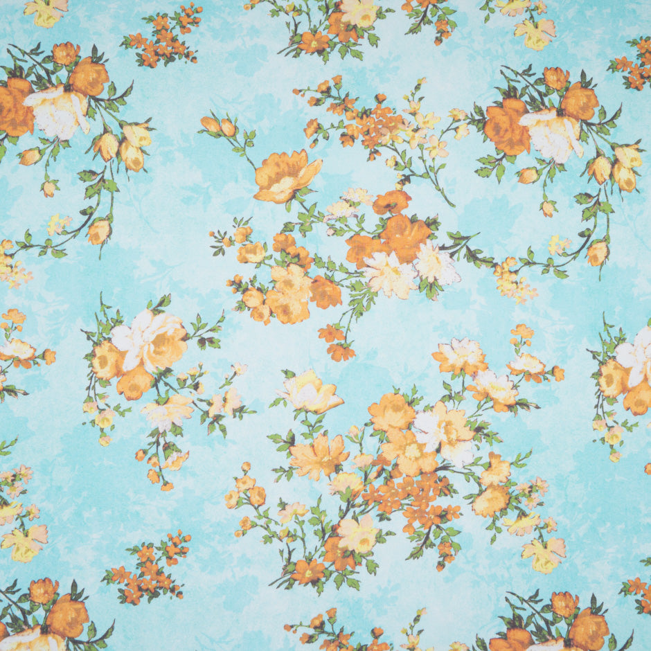 Orange Floral Printed Soft Turquoise Pure Silk Chiffon