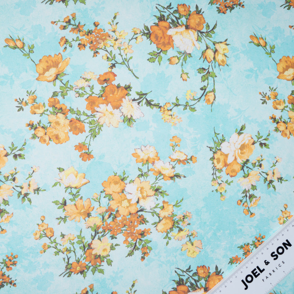 Orange Floral Printed Soft Turquoise Pure Silk Chiffon