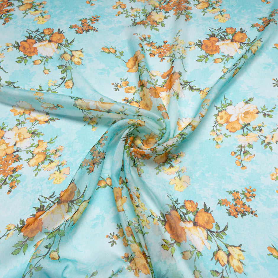 Orange Floral Printed Soft Turquoise Pure Silk Chiffon