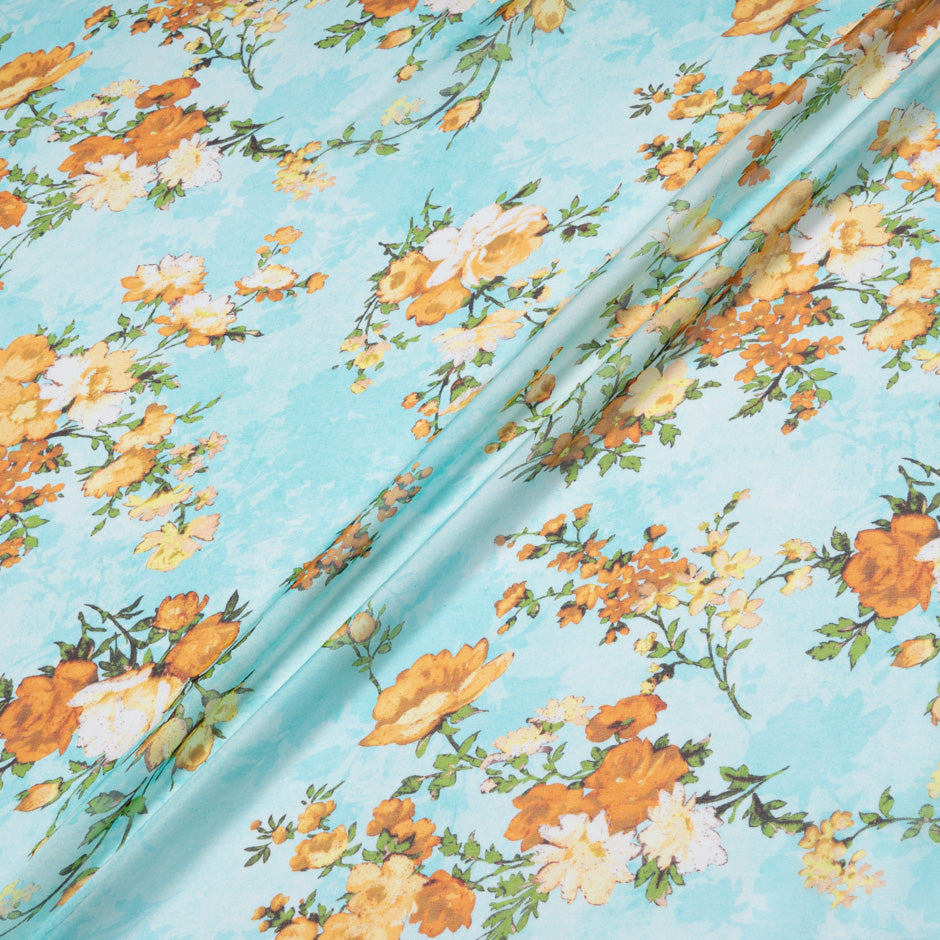 Orange Floral Printed Soft Turquoise Pure Silk Chiffon
