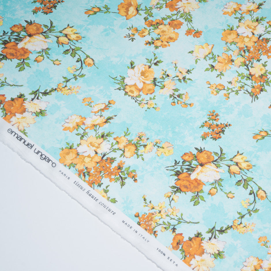 Orange Floral Printed Soft Turquoise Pure Silk Chiffon