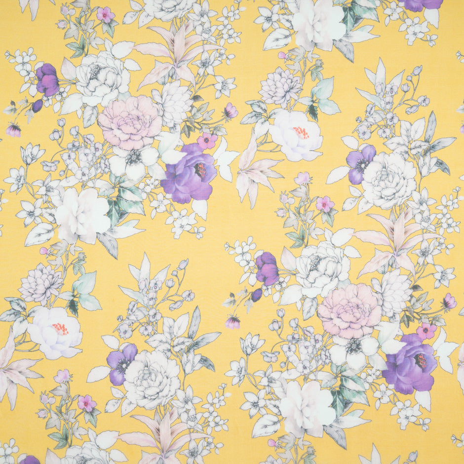 Floral Printed Deep Yellow Pure Silk Chiffon