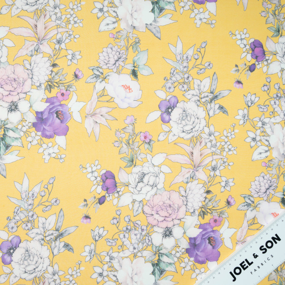 Floral Printed Deep Yellow Pure Silk Chiffon