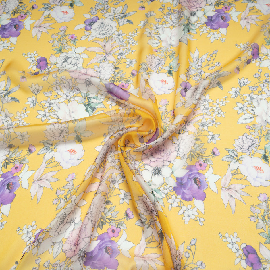 Floral Printed Deep Yellow Pure Silk Chiffon