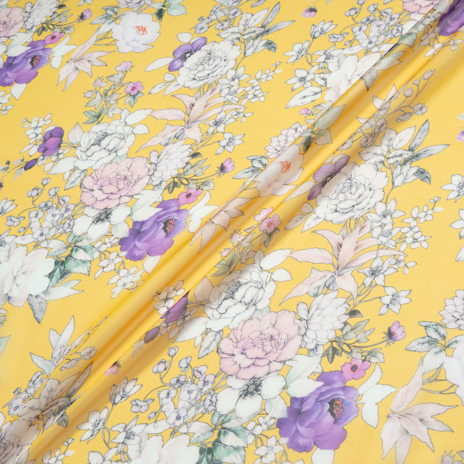 Floral Printed Deep Yellow Pure Silk Chiffon