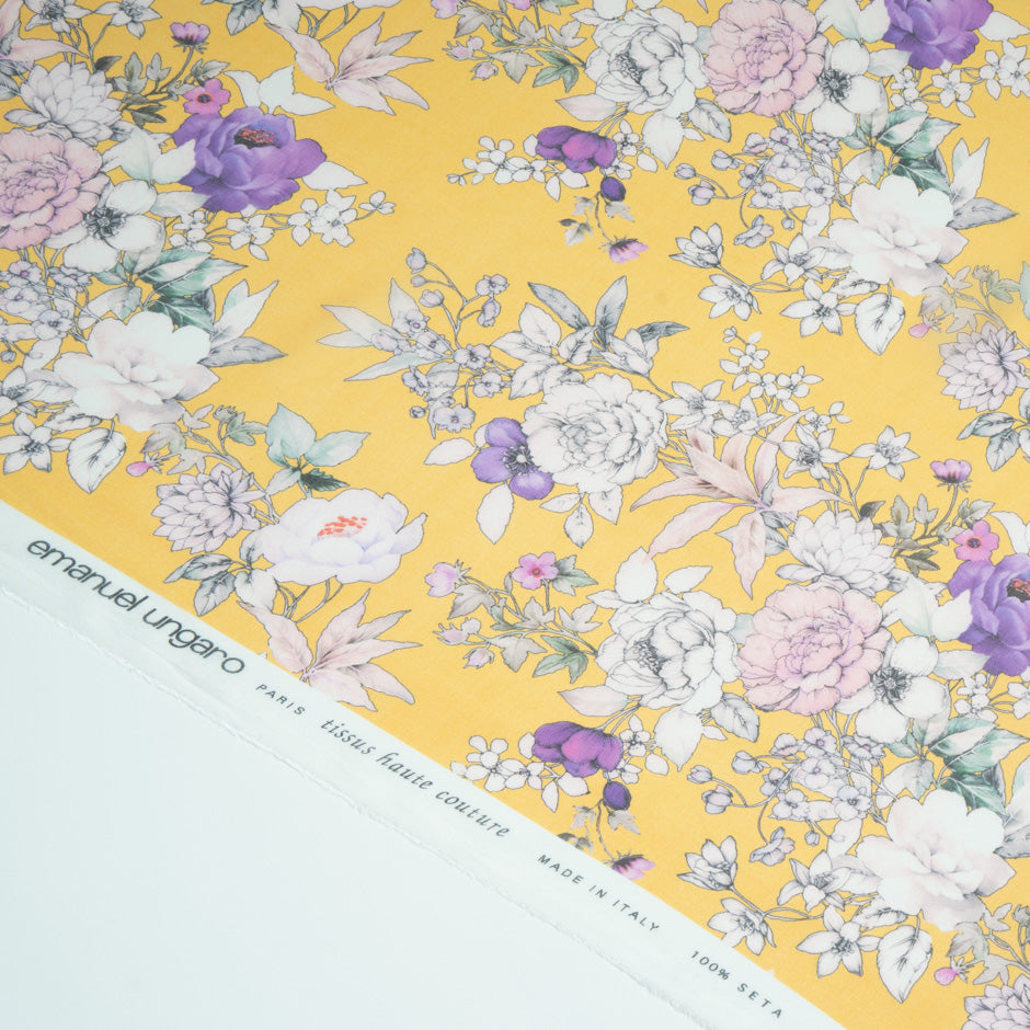 Floral Printed Deep Yellow Pure Silk Chiffon