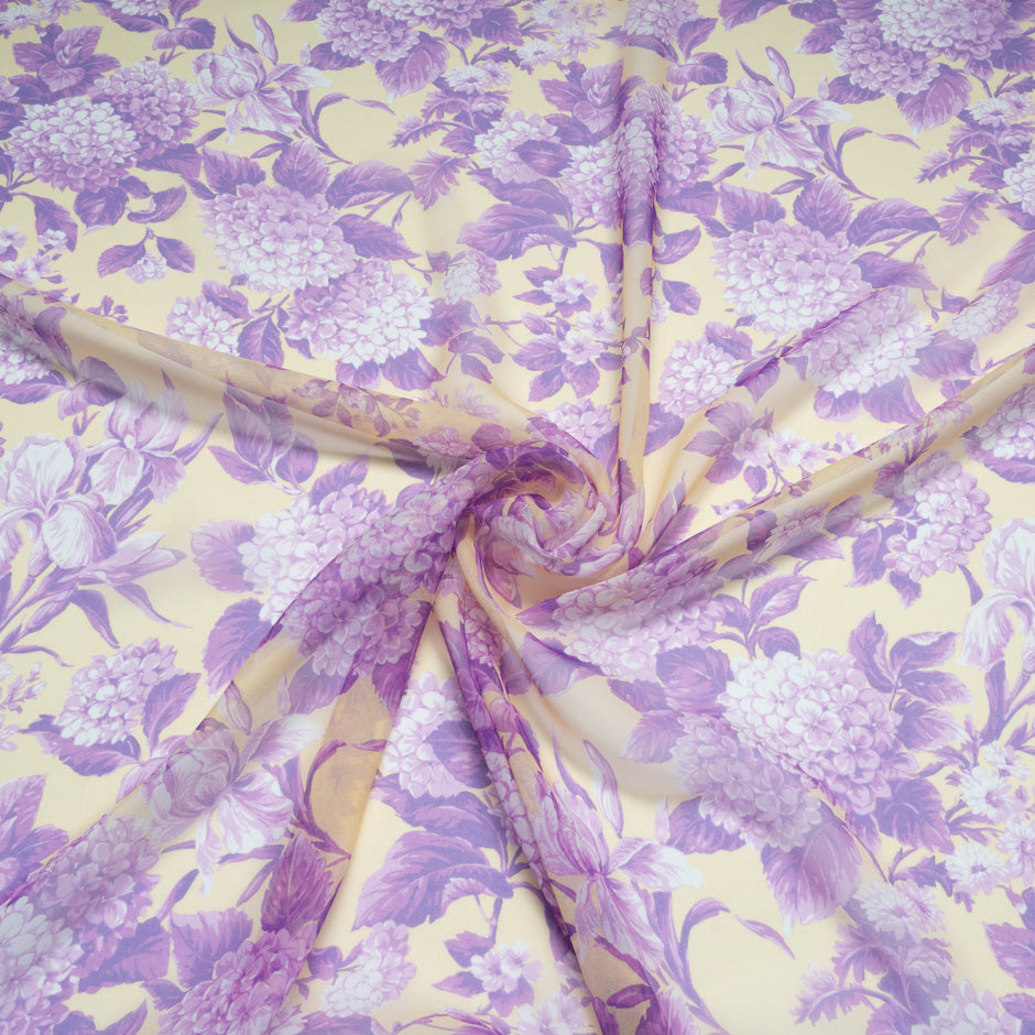 Lilac Floral Printed Yellow Pure Silk Chiffon