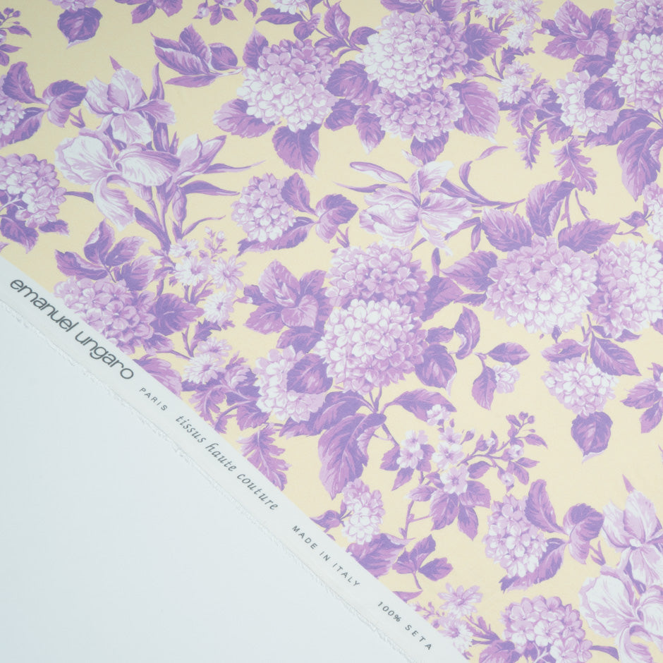 Lilac Floral Printed Yellow Pure Silk Chiffon