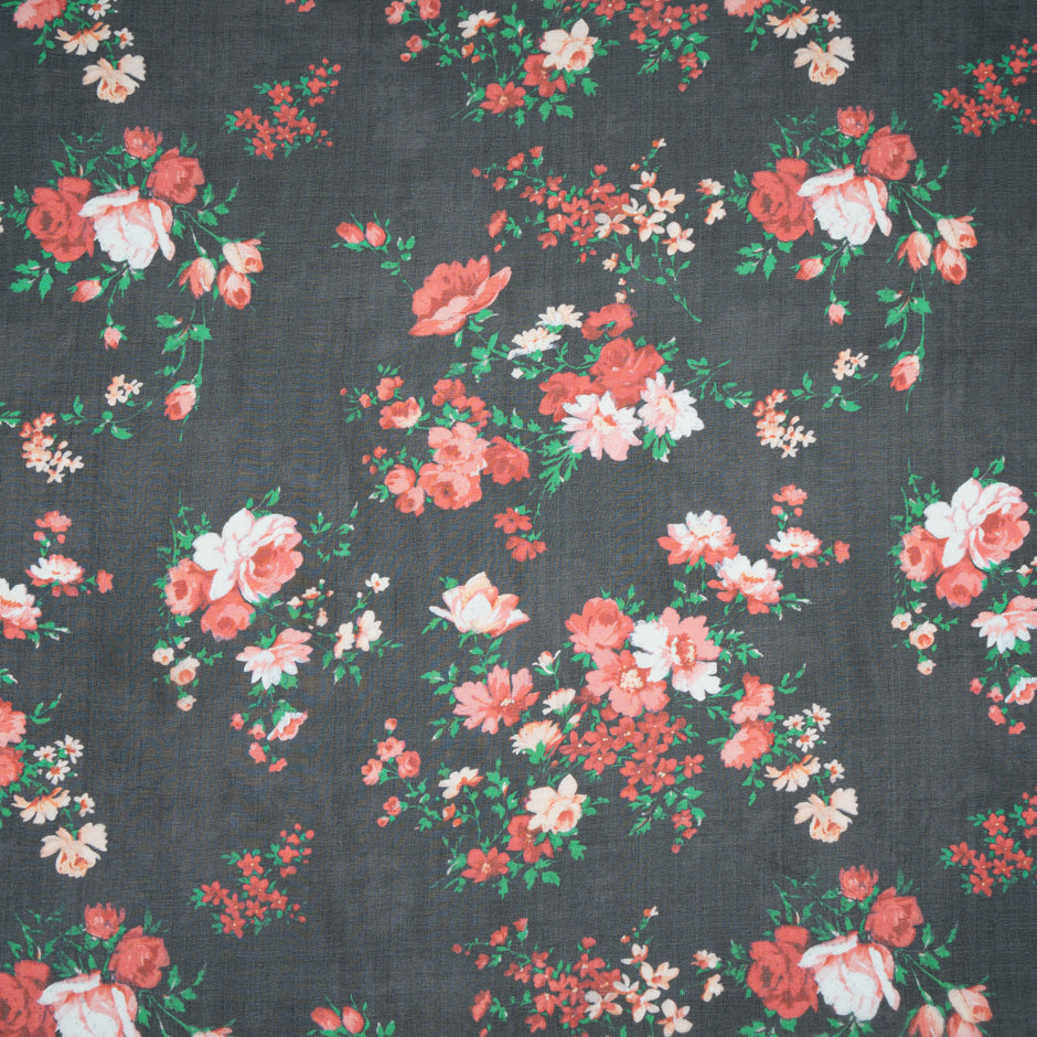 Red Floral Printed Black Pure Silk Chiffon