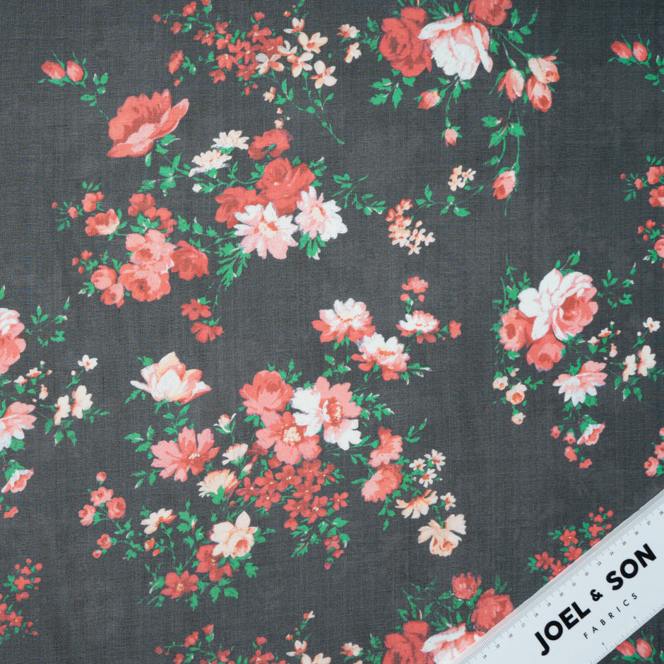 Red Floral Printed Black Pure Silk Chiffon