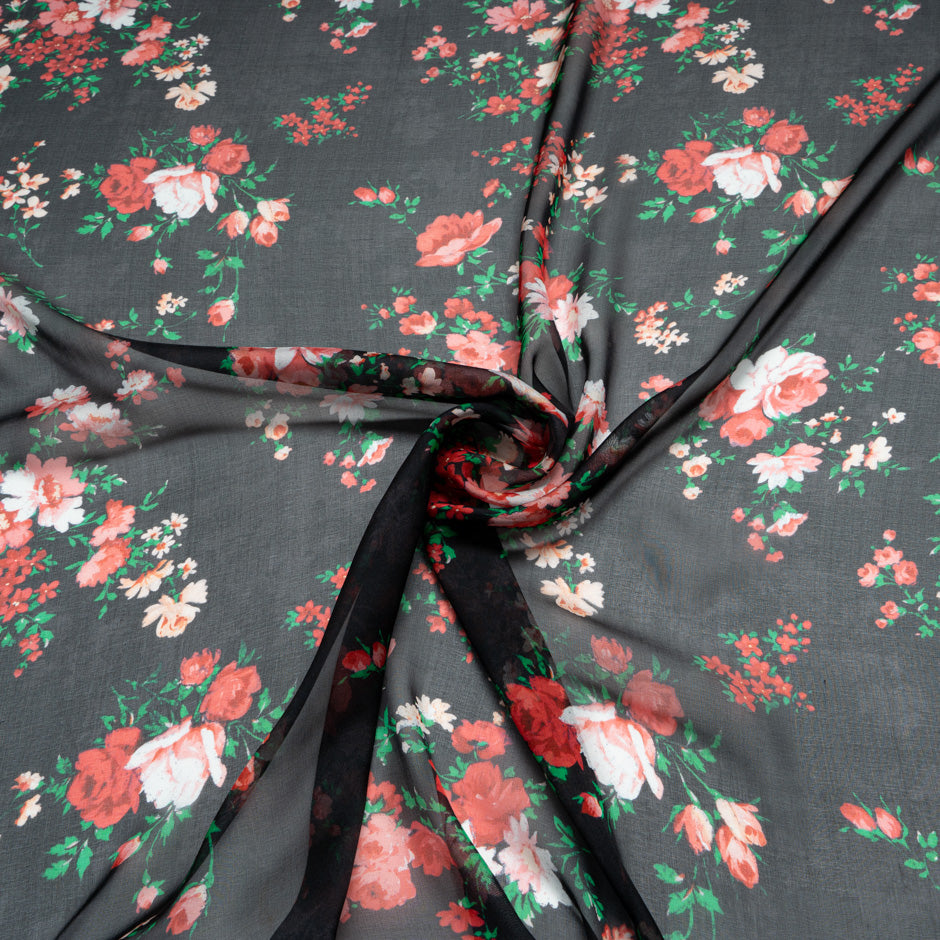 Red Floral Printed Black Pure Silk Chiffon