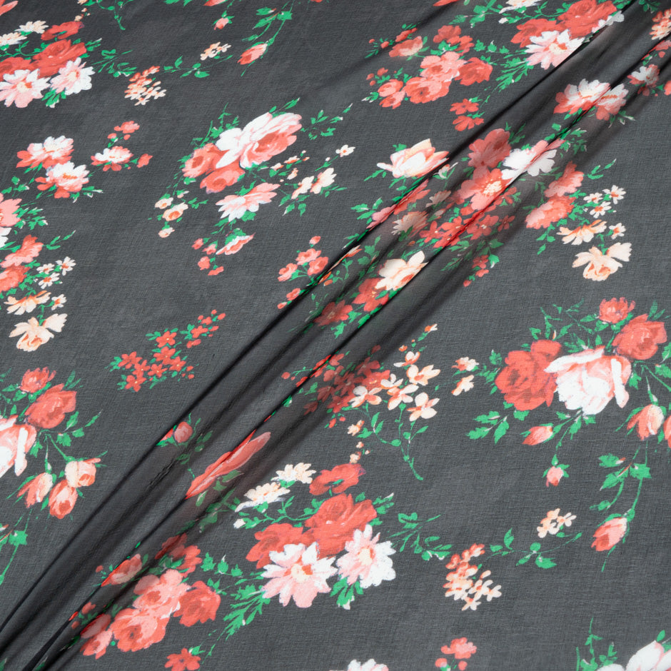 Red Floral Printed Black Pure Silk Chiffon