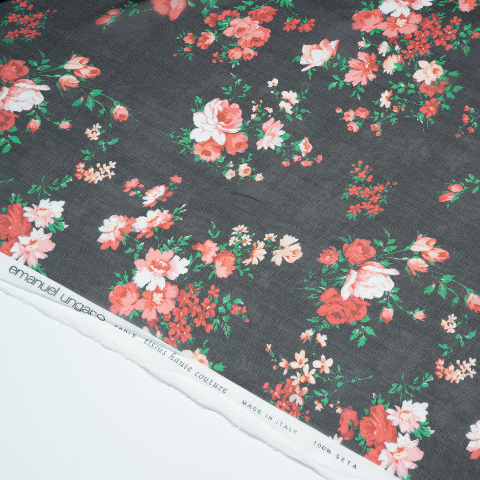 Red Floral Printed Black Pure Silk Chiffon
