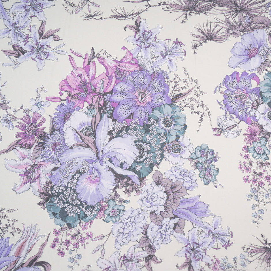 Purple Floral Printed Cream Pure Silk Chiffon
