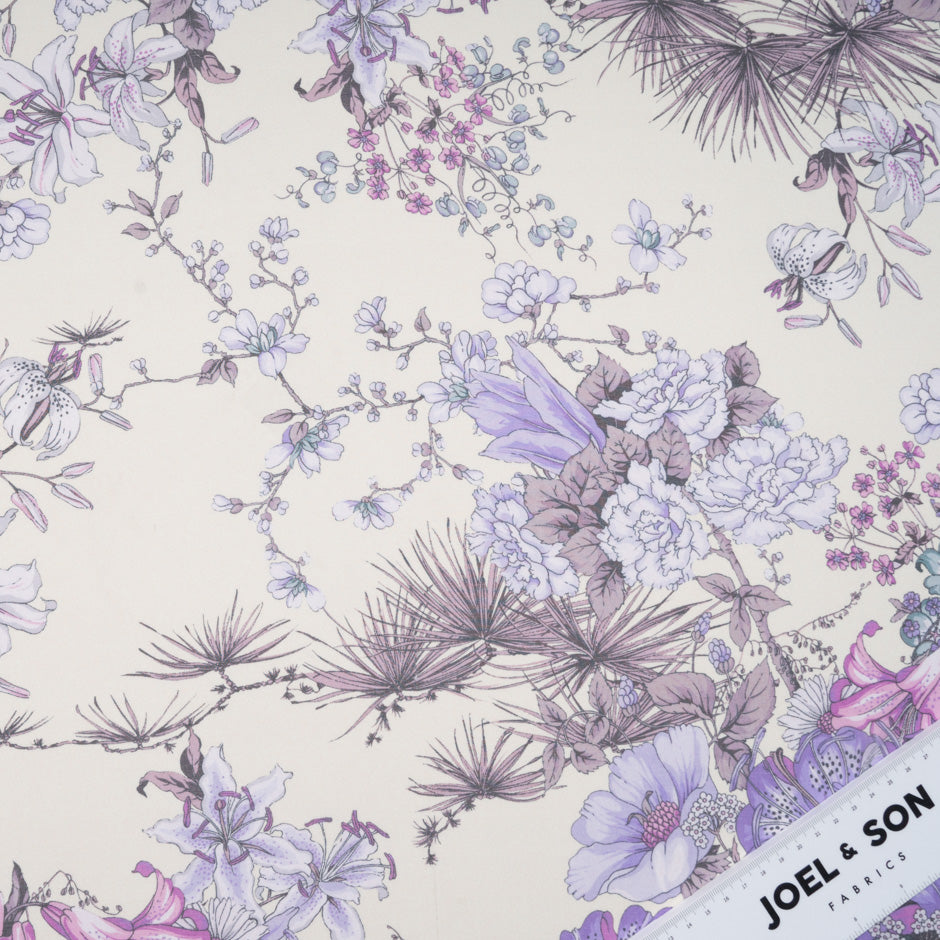 Purple Floral Printed Cream Pure Silk Chiffon