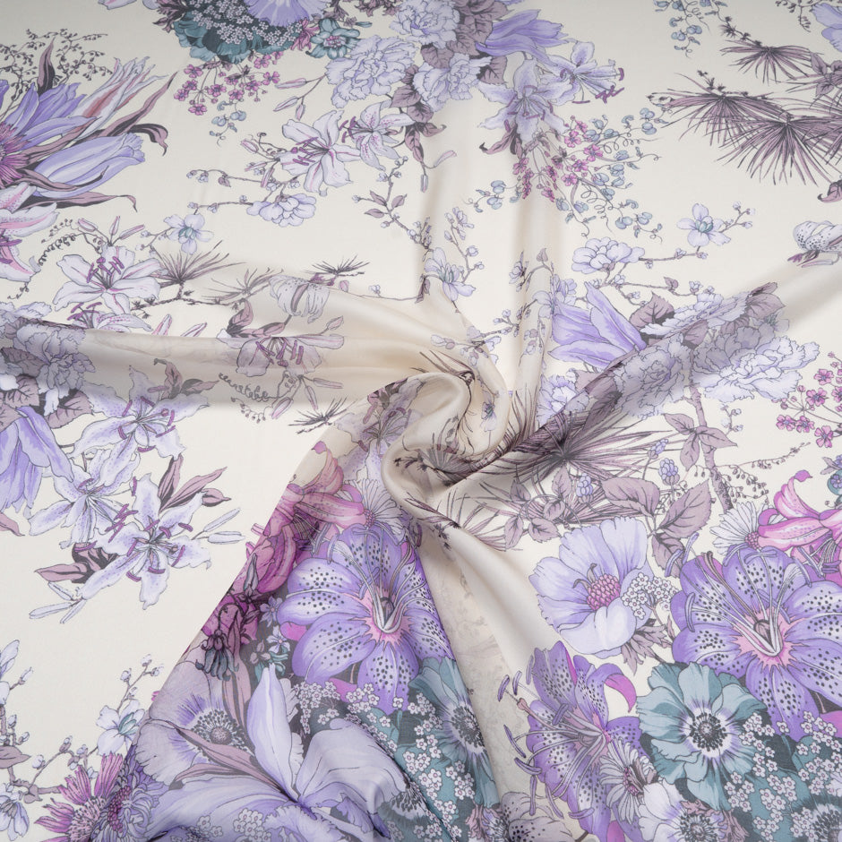 Purple Floral Printed Cream Pure Silk Chiffon