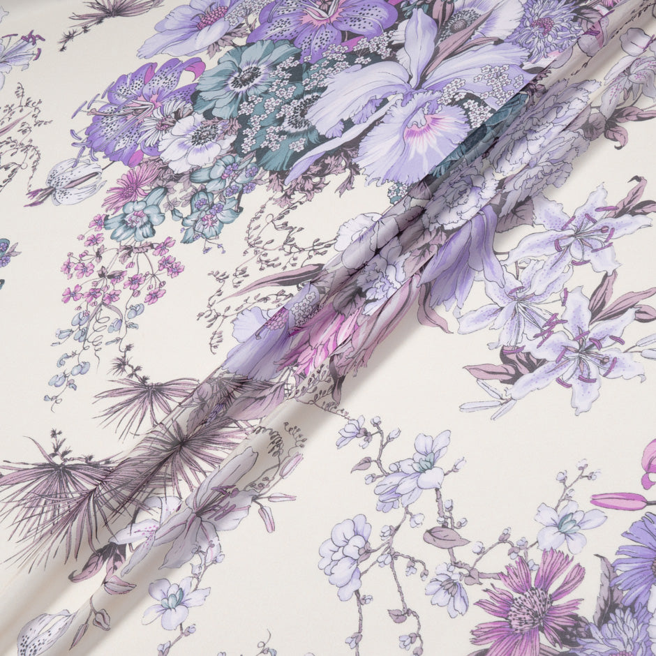Purple Floral Printed Cream Pure Silk Chiffon