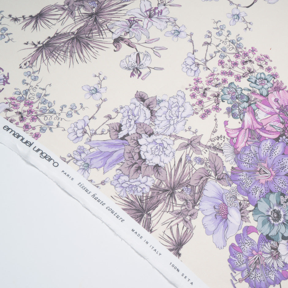 Purple Floral Printed Cream Pure Silk Chiffon