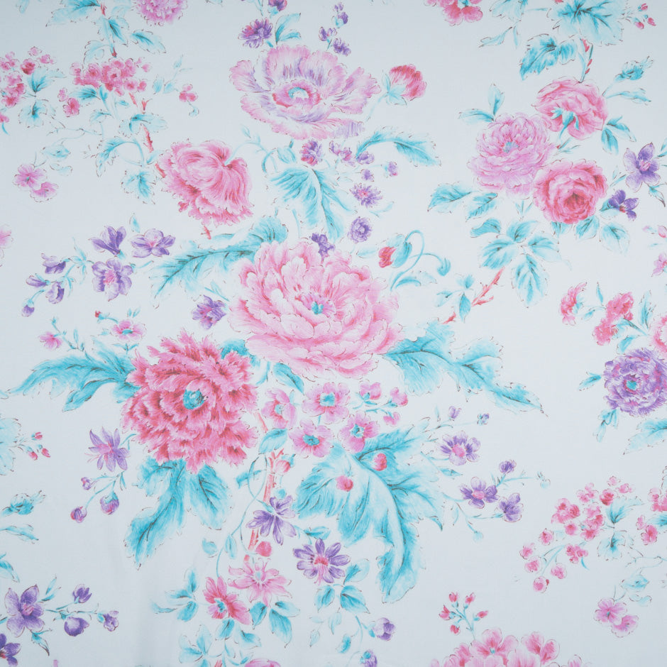 Pink Floral Printed Soft Turquoise Pure Silk Chiffon