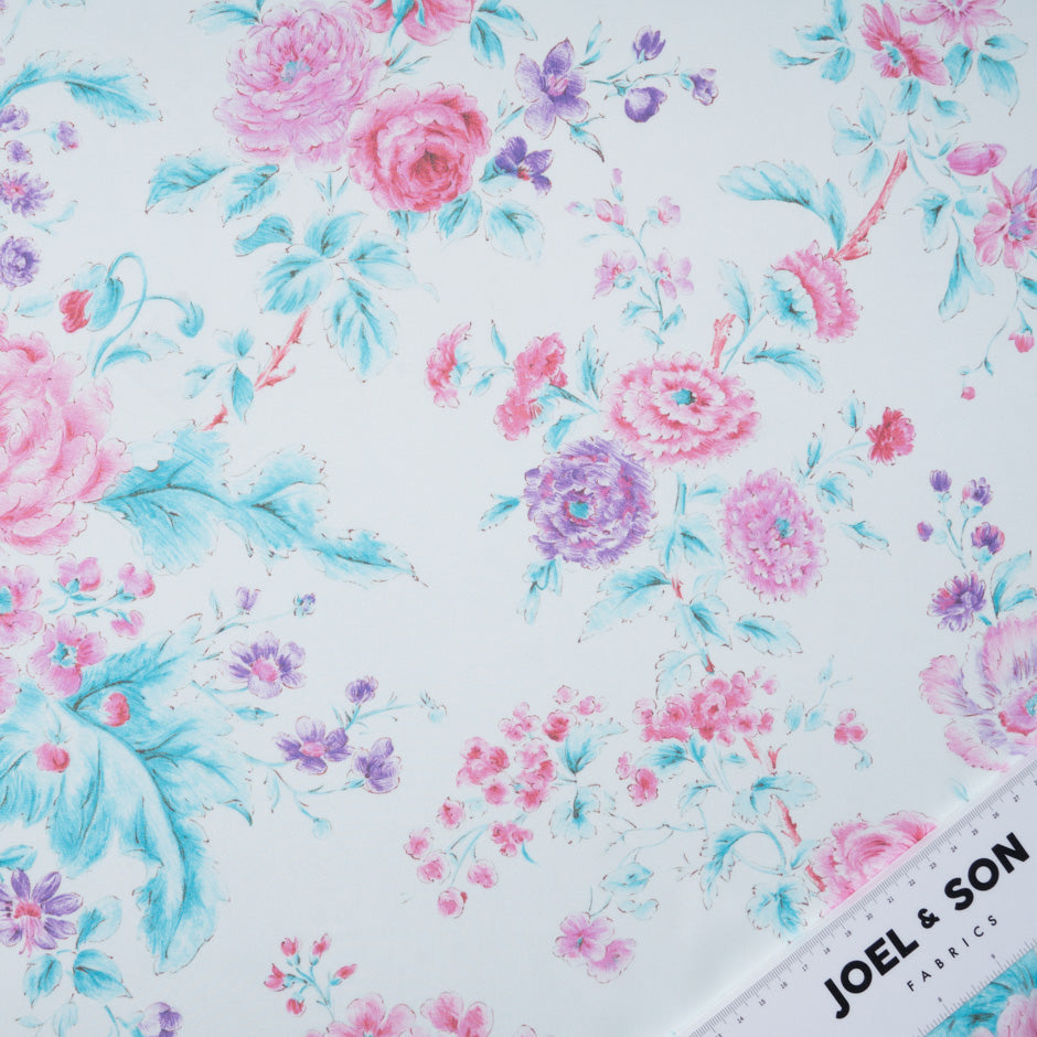 Pink Floral Printed Soft Turquoise Pure Silk Chiffon