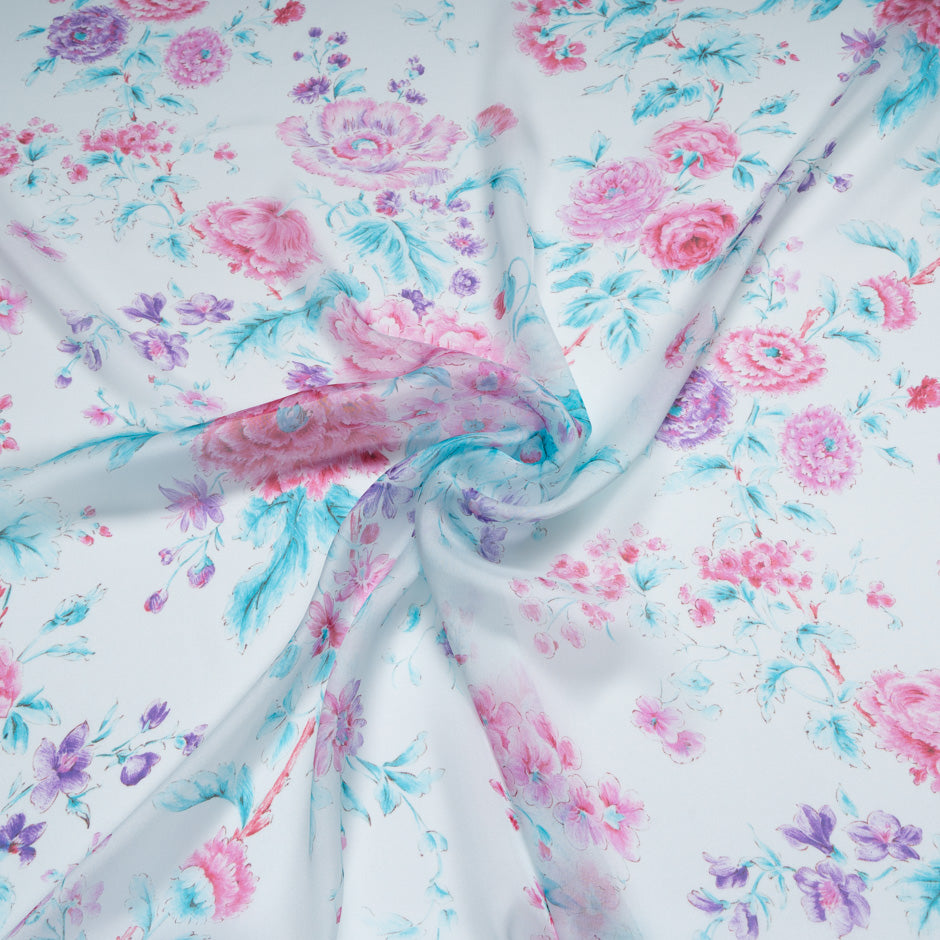 Pink Floral Printed Soft Turquoise Pure Silk Chiffon