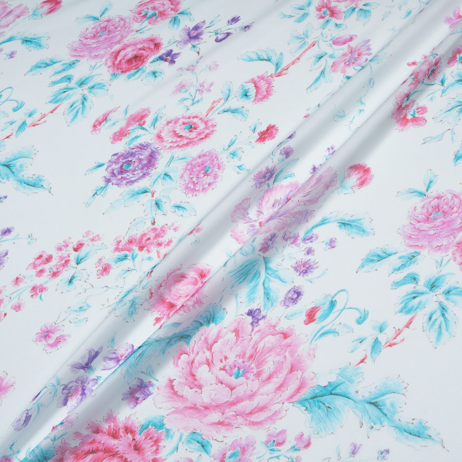 Pink Floral Printed Soft Turquoise Pure Silk Chiffon