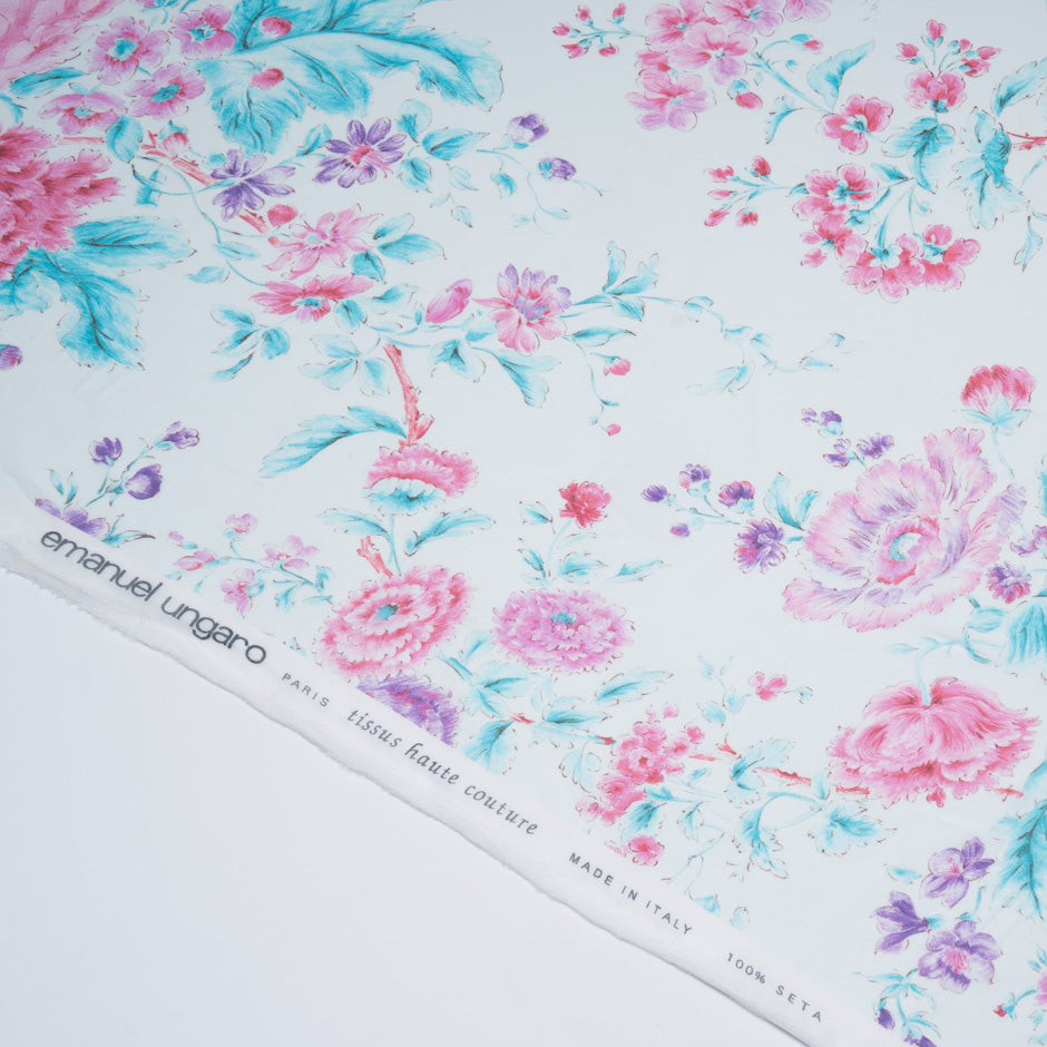 Pink Floral Printed Soft Turquoise Pure Silk Chiffon